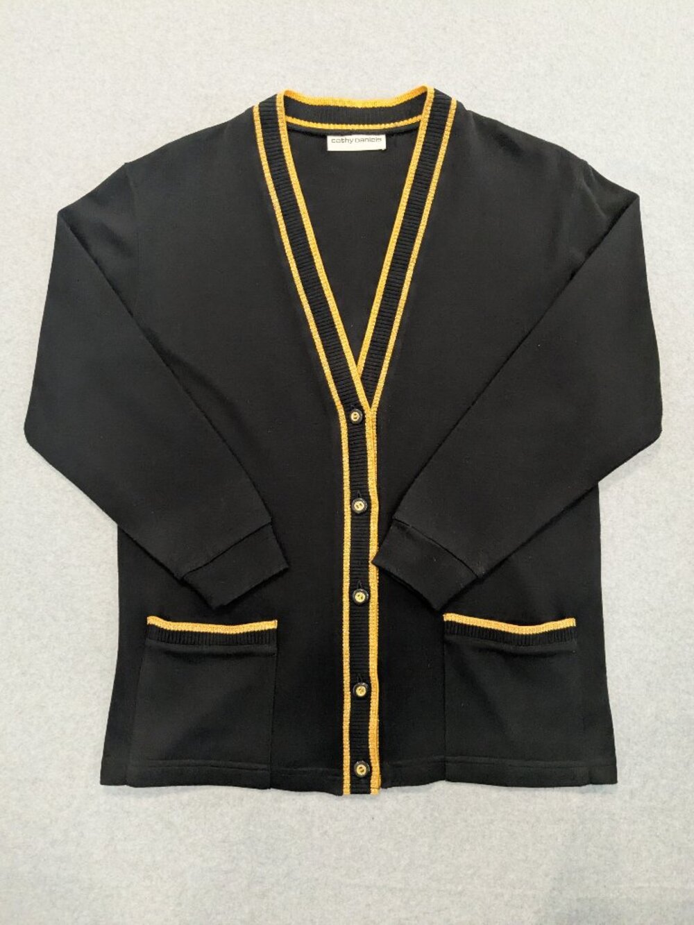 Vintage 90s Cathy Daniels Cardigan Knit Button Sweater Vneck Black Gold Trim
